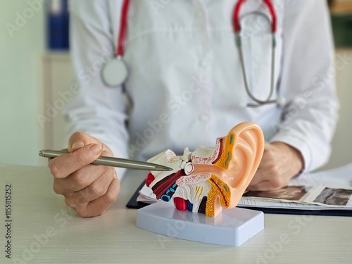 Doctor sits at a table in a hospital, discussing hearing loss, tinnitus photo