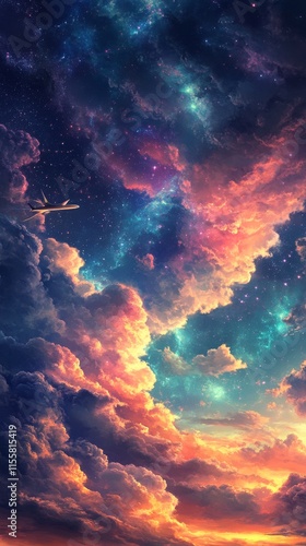 Vibrant cosmic clouds with a shooting star in a celestial sky at twilight