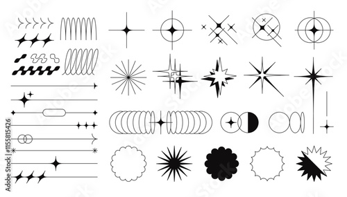 Minimalist aesthetic line elements and abstract geometric forms. Simple decorative linear borders, boho style dividers with sparkles, twinkle star shaped symbols, modern design element vector set