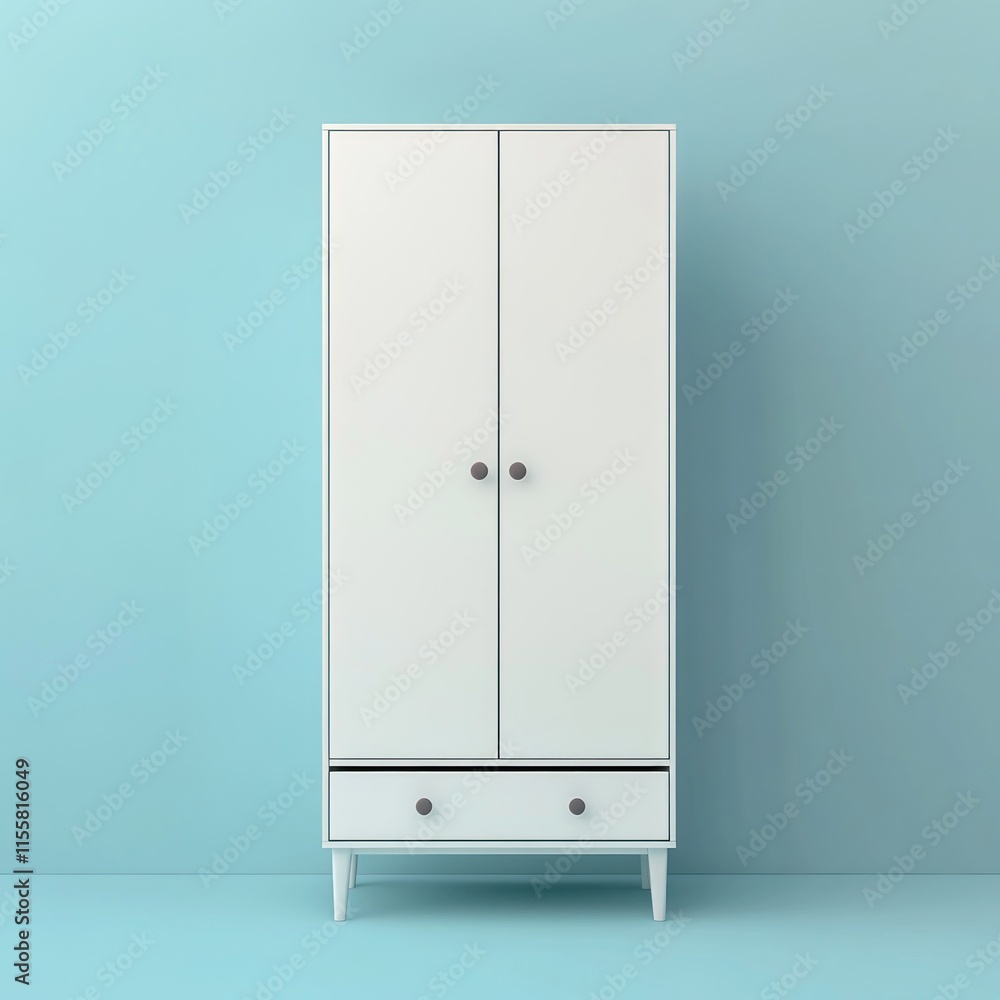 White wardrobe with drawer against light blue wall. White wardrobe with drawer against light blue wall.