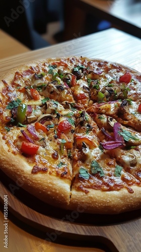 Delicious pepperoni and vegetable pizza served on a wooden table at a cozy re...