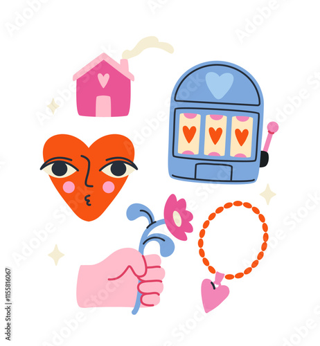 Playful vector sticker set featuring a house, heart face, slot machine, bracelet, and hand holding a flower. Ideal for creative designs, decoration, and crafts
