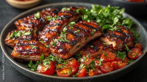 Grilled salmon fillets garnished with fresh herbs and cherry tomatoes served ...