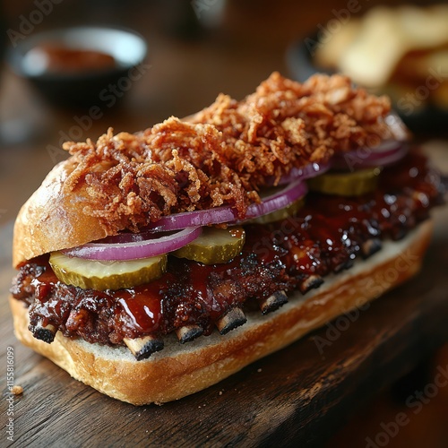 a delicious toasted sandwich loaded with tender BBQ rib patties slathered in sauce, topped with crispy onions and pickles photo