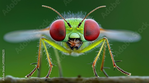 Close-up of a vibrant green fly with striking red eyes perched on a twig. photo