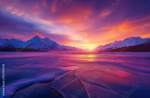 The frozen Lake in Alaska with a beautiful sunset, snow and ice on the lake and mountains in the background, a breathtaking view of the winter landscape. 