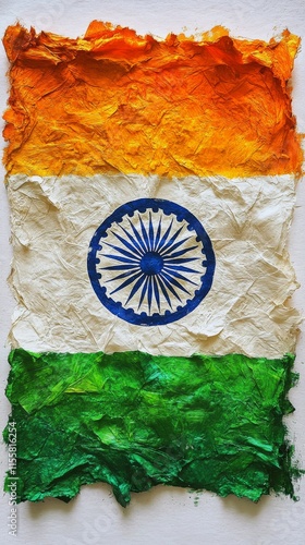 Indian flag displayed creatively with crumpled paper texture and vibrant colors