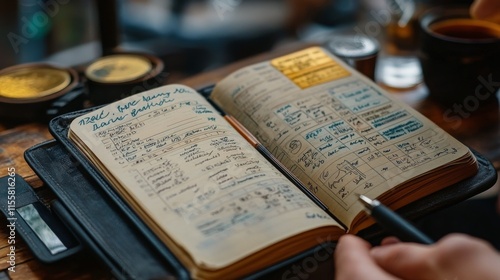 Woman studying and taking notes in a cozy cafe with a cup of coffee