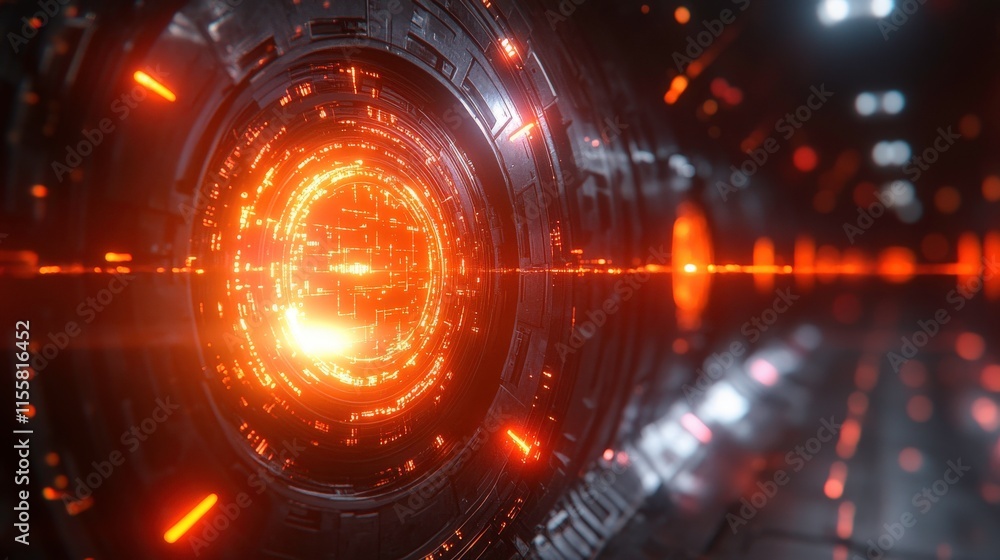 Fototapeta premium Futuristic Technology Background with Bright Orange Energy Sphere Surrounded by High-Tech Circular Patterns and Glowing Digital Elements in a Sci-Fi Environment