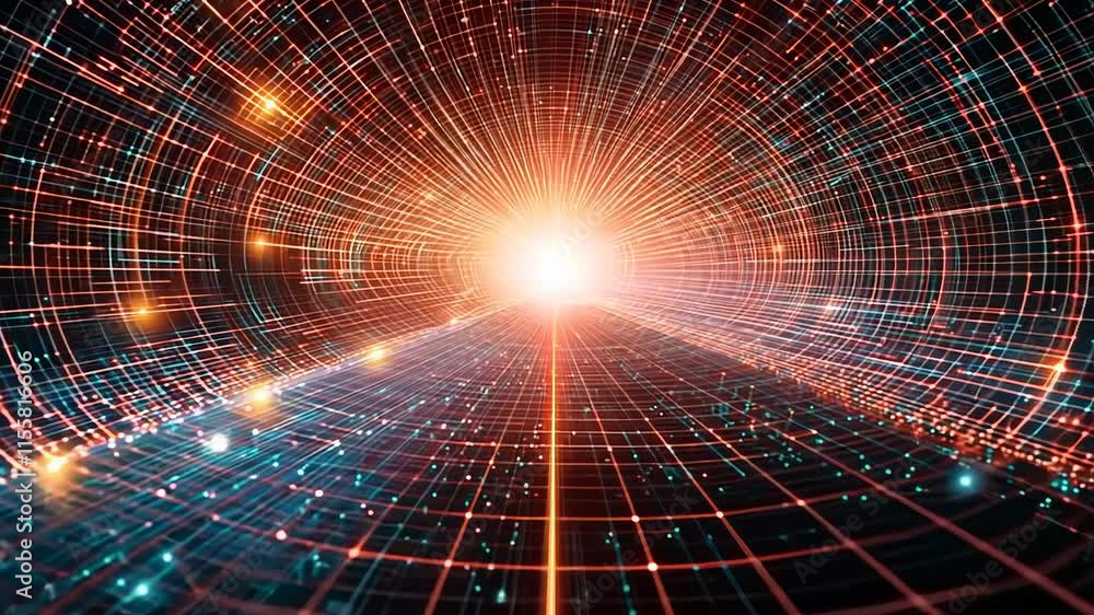 Bright orange light is shining through a tunnel. The tunnel is filled with a lot of dots and lines Bright orange light is shining through a tunnel. The tunnel is filled with a lot of dots and lines