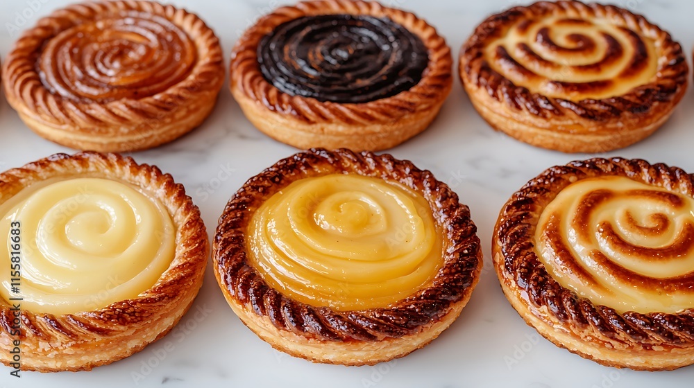 Assorted mini tarts with various fruit fillings, arranged on a marble surface.