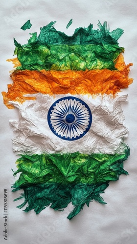 Indian flag displayed creatively with crumpled paper texture and vibrant colors