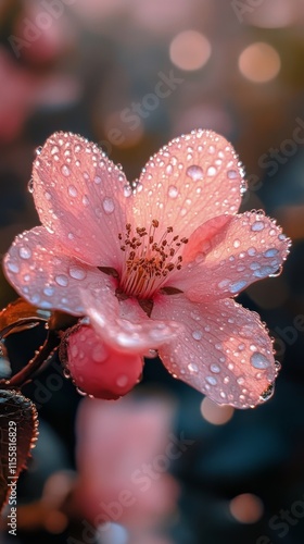 Pink flower adorned with dew drops sparkling in morning light outdoors