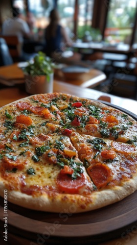 Delicious pepperoni and vegetable pizza served on a wooden table at a cozy re...