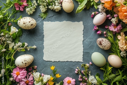 Colorful Easter eggs surrounded by flowers with a blank parchment for messages