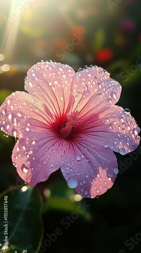 Pink flower adorned with dew drops sparkling in morning light outdoors