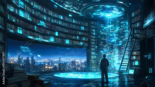 Researcher exploring futuristic circular library with holographic data stream