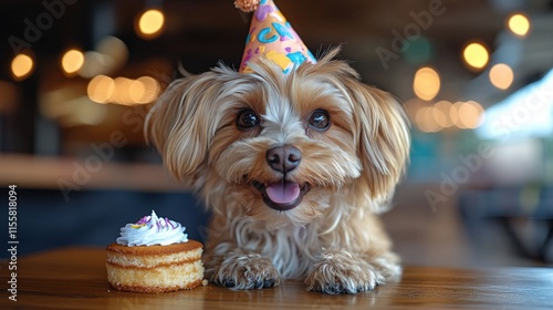 Cute dog wearing a party hat beside a delicious cupcake on a cozy couch celeb...