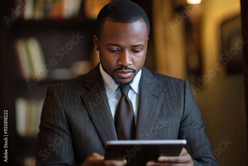 Professional man uses tablet in a stylish office setting during a busy workday