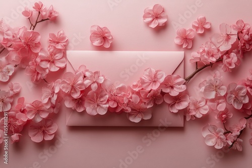 Pink flowers surround a blank envelope on a pastel background for spring mail...