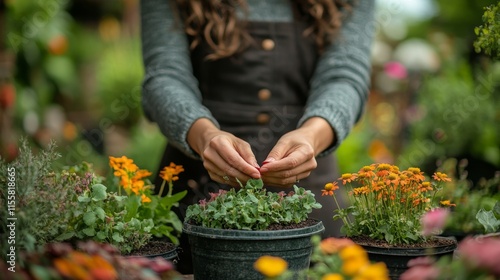 Gardening enthusiast working on plant arrangement in a cozy indoor garden