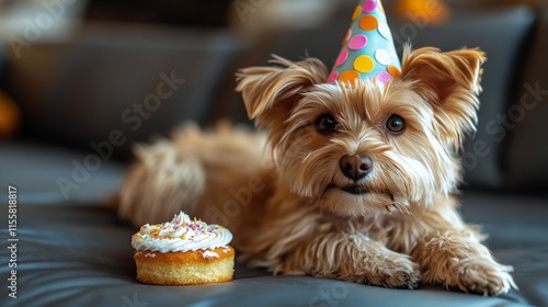 Cute dog wearing a party hat beside a delicious cupcake on a cozy couch celeb...