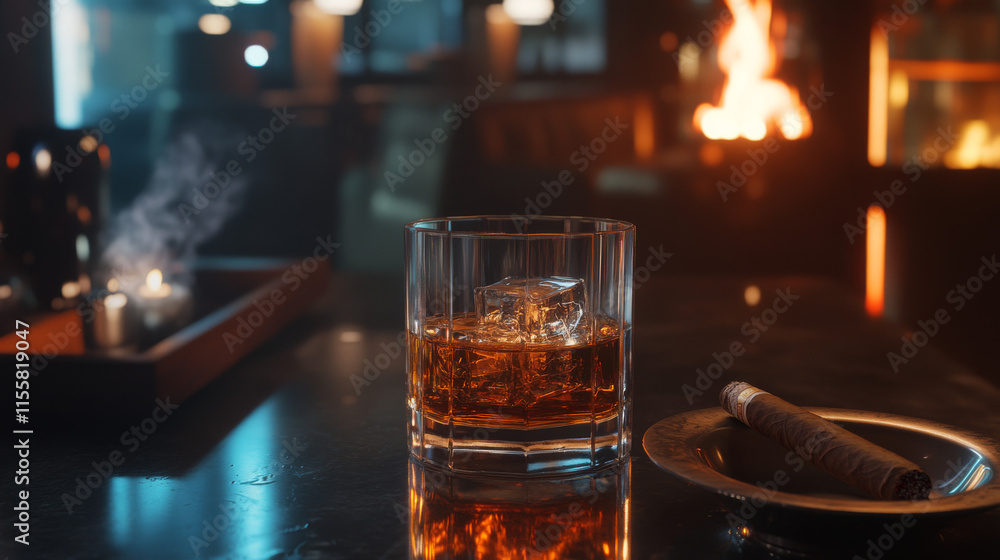 A dimly lit lounge setting with a glass of whiskey on the rocks and a lit cigar in an ashtray. A dimly lit lounge setting with a glass of whiskey on the rocks and a lit cigar in an ashtray.