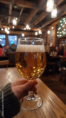 Craft beer tasting in a modern brewery with warm lights and wooden decor