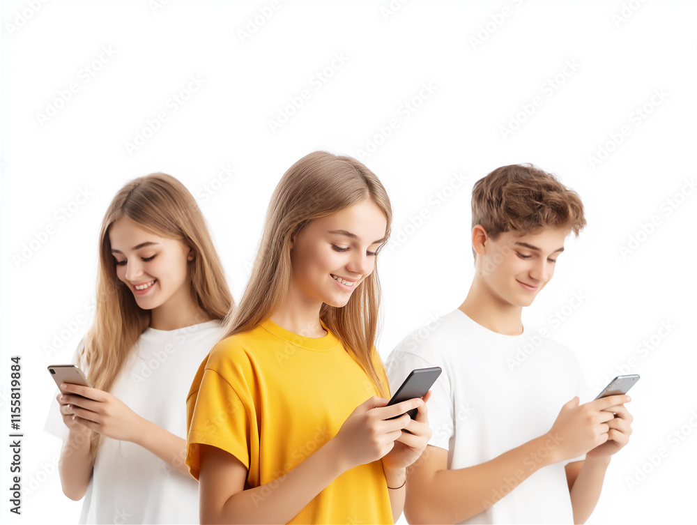 Three smiling young people looking at their smartphones, symbolizing social media, communication, and modern technology in a connected world. Three smiling young people looking at their smartphones, symbolizing social media, communication, and modern technology in a connected world.
