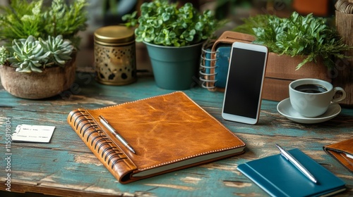Cozy workspace with a notebook, coffee, and smartphone in a modern caf setting