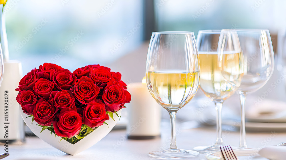 Heart shaped bouquet of red roses enhancing romantic dinner with white wine Heart shaped bouquet of red roses enhancing romantic dinner with white wine
