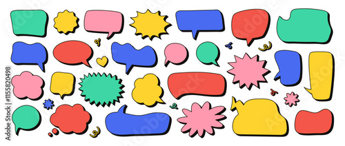 Cartoon funky speech bubbles, playful blank chat balloons in various shapes. Groovy talk balloon stickers, colorful comic style cloud bubble, empty conversation message icon vector set