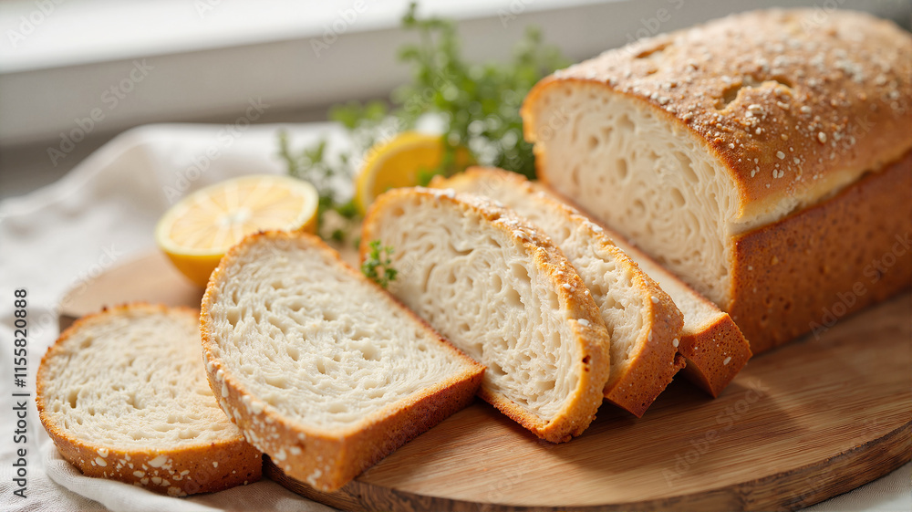 Keto almond bread loaf sliced on a rustic table Keto almond bread loaf sliced on a rustic table