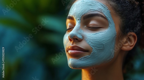 Woman enjoying a facial mask treatment while relaxing by a pool in a serene s...