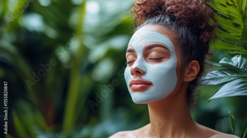 Woman enjoying a facial mask treatment while relaxing by a pool in a serene s...