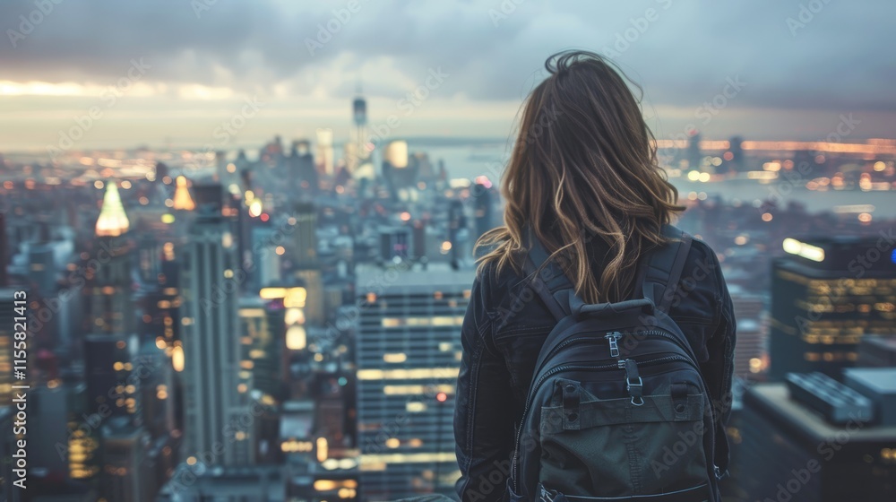 Fototapeta premium A woman with a backpack gazes over a vibrant city skyline, capturing urban exploration.