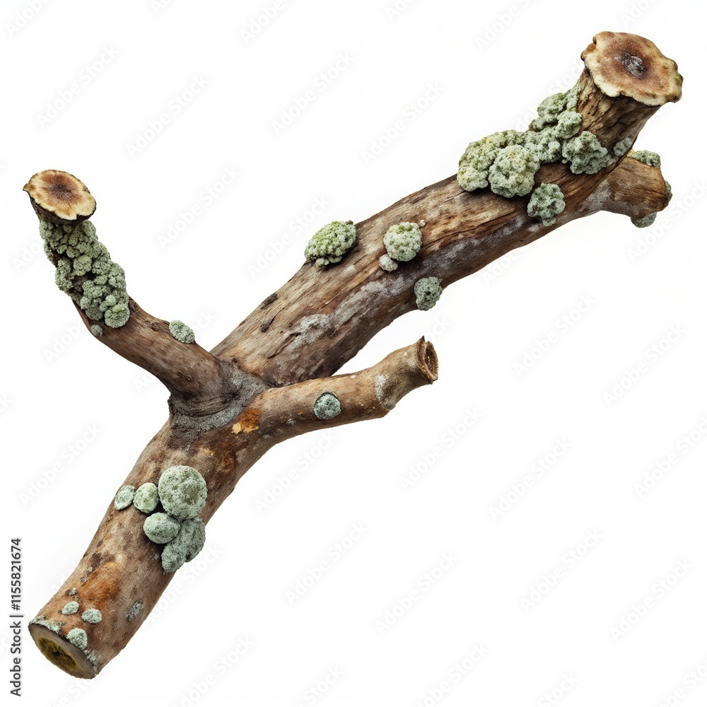 A detailed view of a tree branch covered in lichen, displaying rich brown grain patterns and contrasting pale green and gray hues. A detailed view of a tree branch covered in lichen, displaying rich brown grain patterns and contrasting pale green and gray hues.