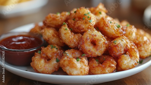 Delicious golden fried shrimp served with dipping sauce on a rustic wooden table