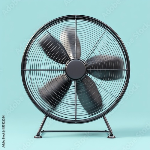 Black electric fan with four blades spinning on a light blue background. photo