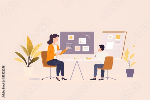 Collaborative Brainstorming: A vibrant and modern illustration captures the essence of teamwork and brainstorming. Two individuals, a woman and a man, are engaged in a lively discussion. photo