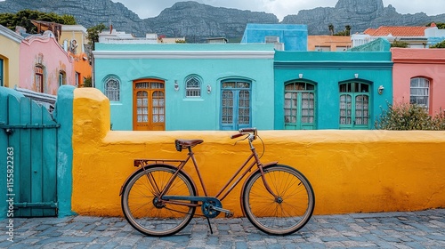 Vintage bicycle leaning against a vibrant yellow wall, backdrop of colorful houses and Table Mountain, Cape Town.