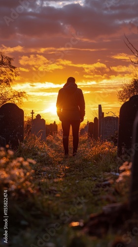Sunset walk through an old cemetery with shadows and warm colors