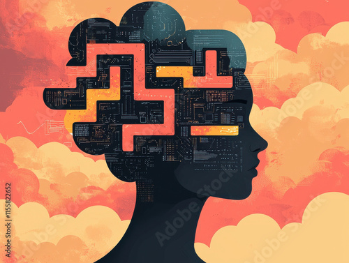 silhouette of human head with maze like circuit design inside, set against vibrant cloud filled background photo