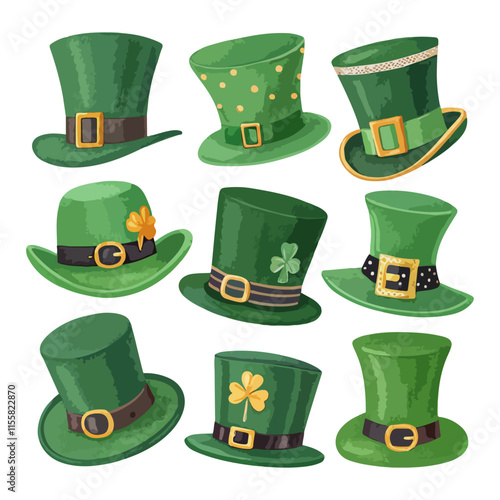 Set, collection of vector style leprechaun hats for St. Patrick's Day holiday design elements