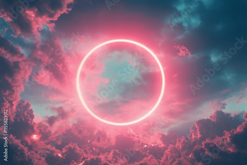 Vibrant pink sun setting behind fluffy clouds in a serene sky