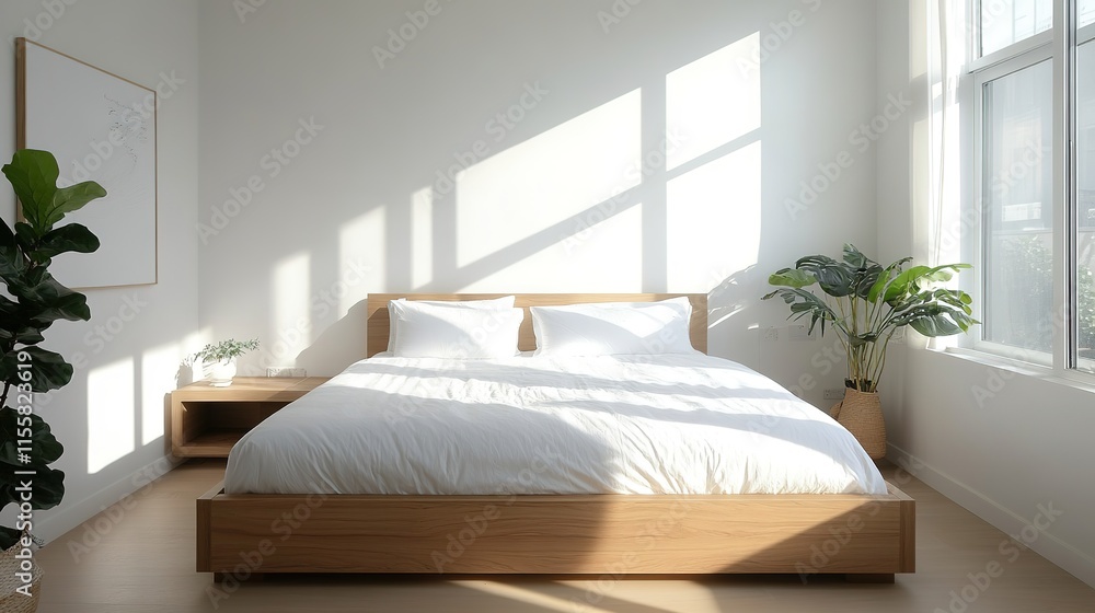 Fototapeta premium Bright bedroom features large windows, wooden furniture, and nat