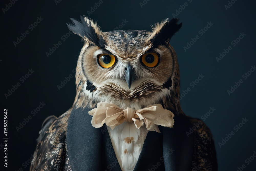 Wisdom-themed owl dressed elegantly, offering ample space for text. Wisdom-themed owl dressed elegantly, offering ample space for text.
