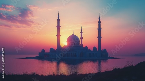 Beautiful sunset over mosque with vibrant colors reflected in water
