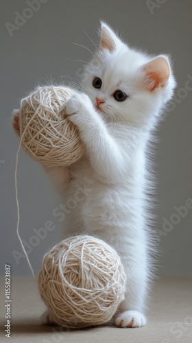 Playful white kitten batting at a yarn ball indoors during the afternoon