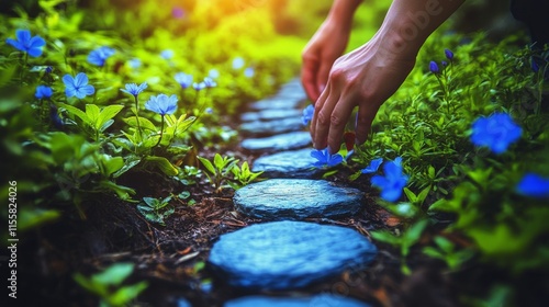 Hands arranging stones on a garden path surrounded by blooming flowers during...